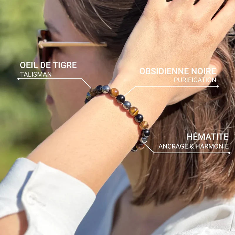 Bracelet Œil de Tigre, Hématite, Obsidienne Noire - Triple Protection