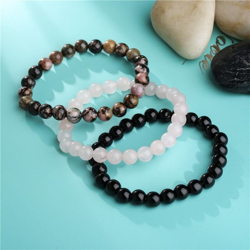 Lot de 3 Bracelets Onyx, Qwartz Rose et Rhodonite - Amour, Confiance et Protection