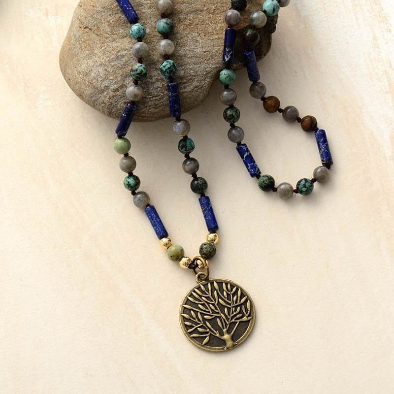 Collier Pendentif Arbre de Vie en Labradorite, Jaspe Bleu et Turquoise