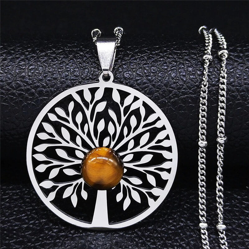 Pendentif Arbre de Vie Oeil de Tigre avec Chaîne