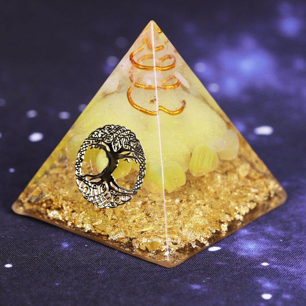Pyramide Orgonite Cristal Blanc et Agate Jaune - Arbre de Vie