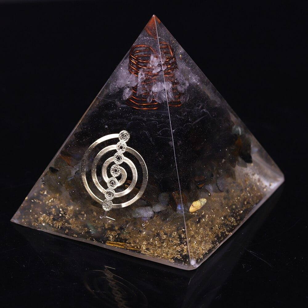 Pyramide Orgonite Cristal Blanc, Quartz Fumé et Labradorite - Protection Suprême