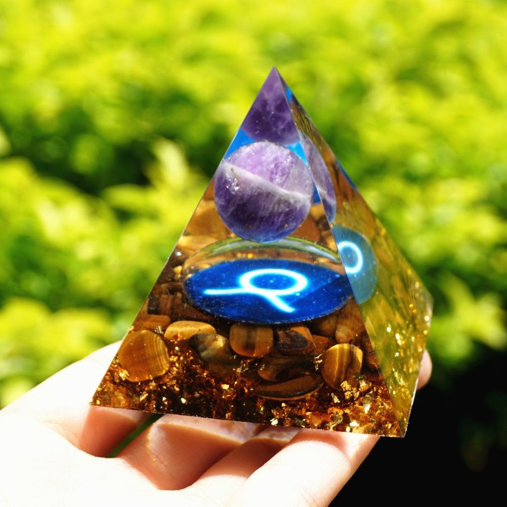 Pyramide Orgonite du Zodiaque Améthyste et Oeil de Tigre - Taureau