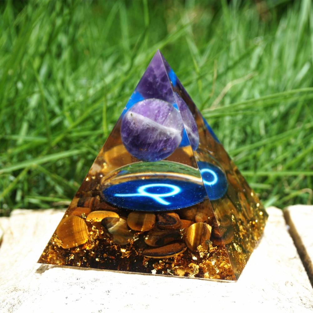 Pyramide Orgonite du Zodiaque Améthyste et Oeil de Tigre - Taureau