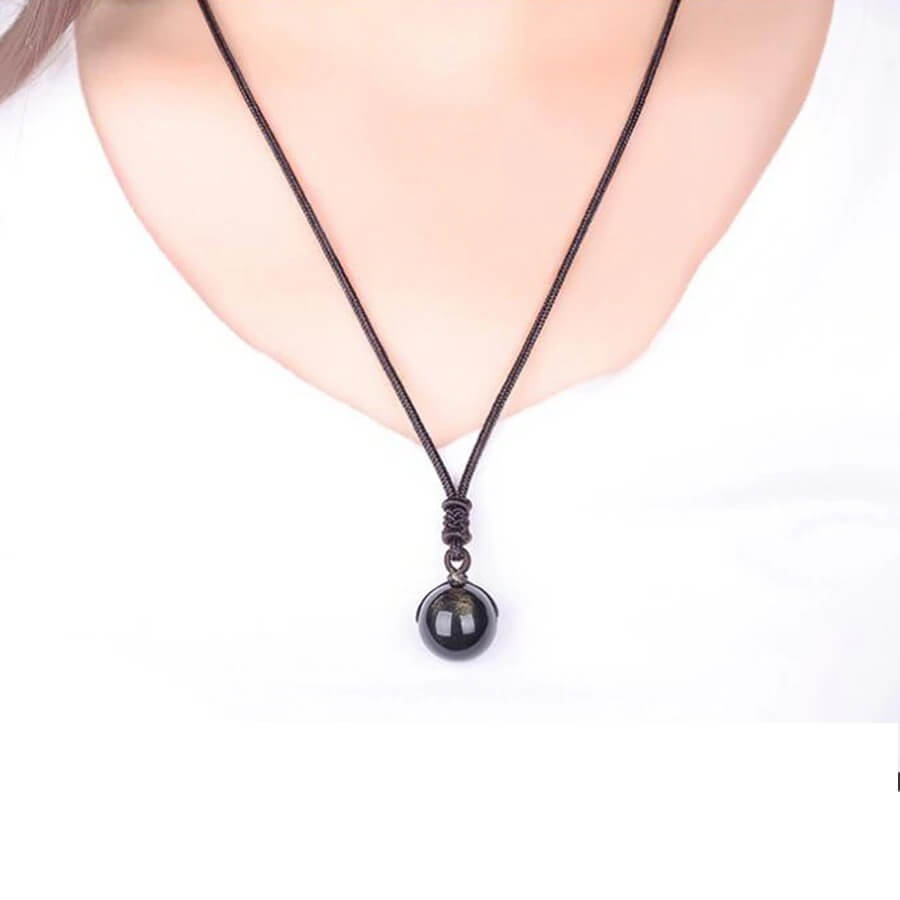 Pendentif Perle Obsidienne Dorée avec Chaîne