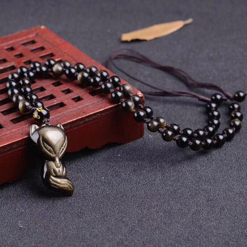 Pendentif Totem Renard en Obsidienne Dorée avec Chaîne