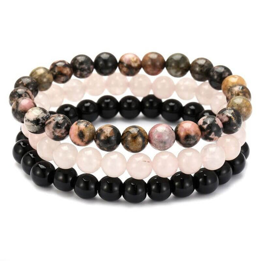 Lot de 3 Bracelets Onyx, Qwartz Rose et Rhodonite - Amour, Confiance et Protection
