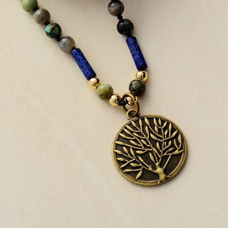 Collier Pendentif Arbre de Vie en Labradorite, Jaspe Bleu et Turquoise