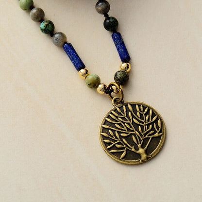 Collier Pendentif Arbre de Vie en Labradorite, Jaspe Bleu et Turquoise