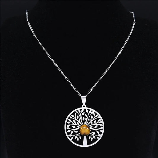 Pendentif Arbre de Vie Oeil de Tigre avec Chaîne