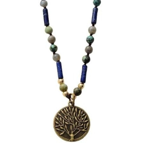 Collier Pendentif Arbre de Vie en Labradorite, Jaspe Bleu et Turquoise