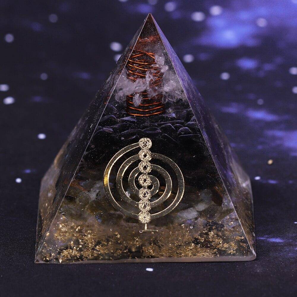 Pyramide Orgonite Cristal Blanc, Quartz Fumé et Labradorite - Protection Suprême