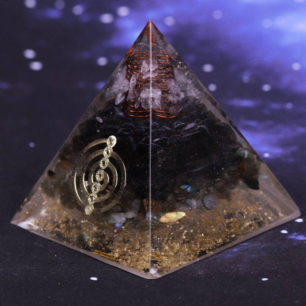 Pyramide Orgonite Cristal Blanc, Quartz Fumé et Labradorite - Protection Suprême
