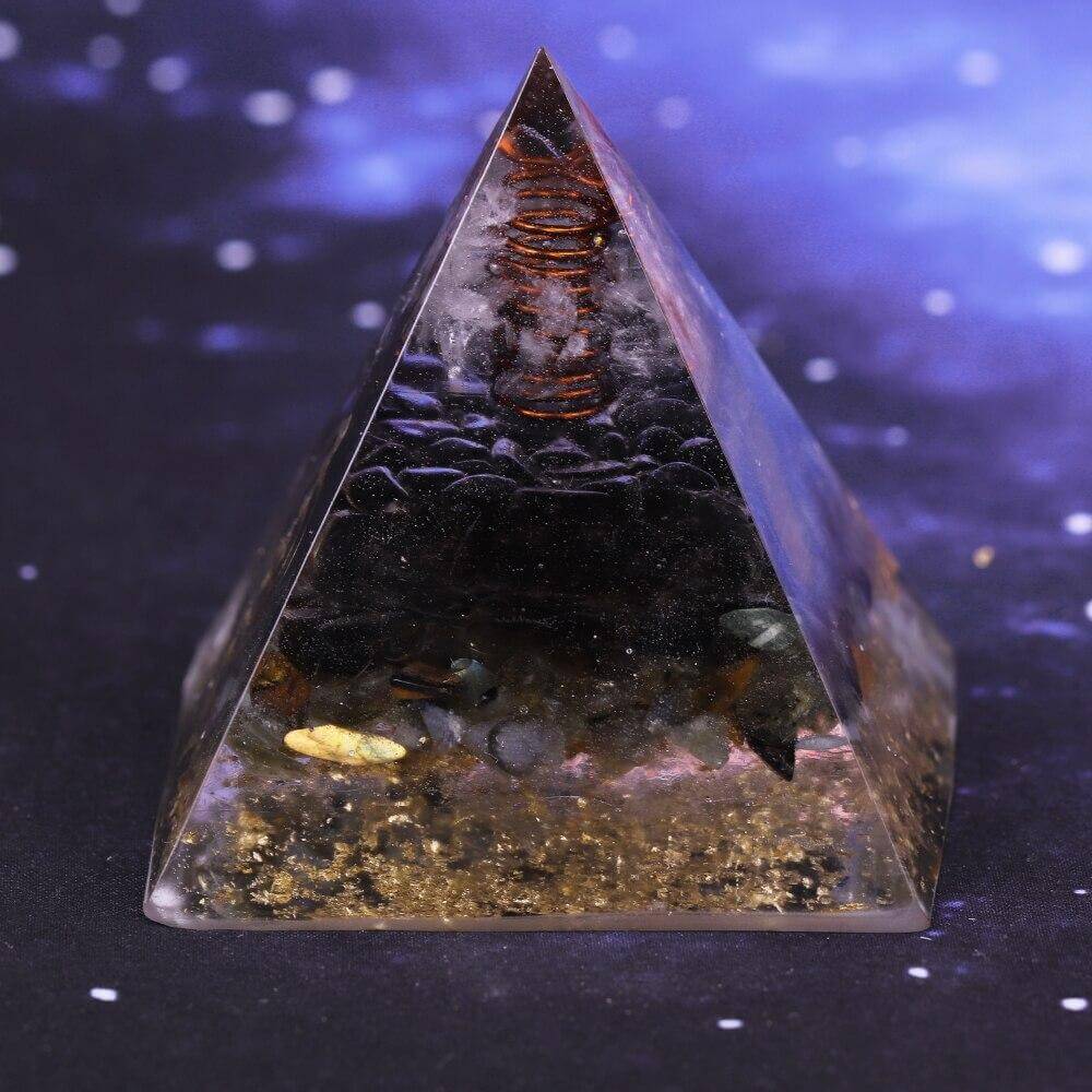 Pyramide Orgonite Cristal Blanc, Quartz Fumé et Labradorite - Protection Suprême