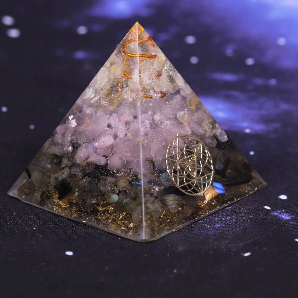 Pyramide Orgonite Labradorite, Quarzt Rose et Citrine - Gestion des Émotions