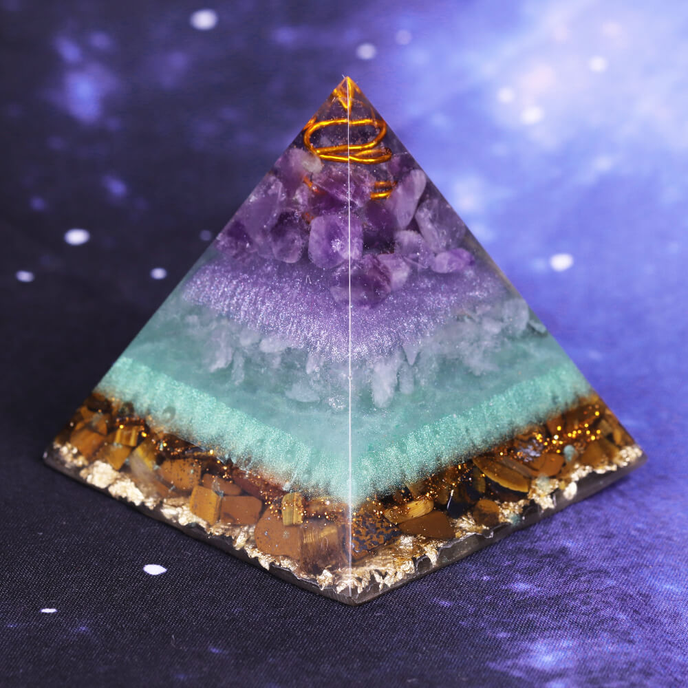 Pyramide Orgonite Oeil de Tigre et Améthyste - Équilibre et Méditation