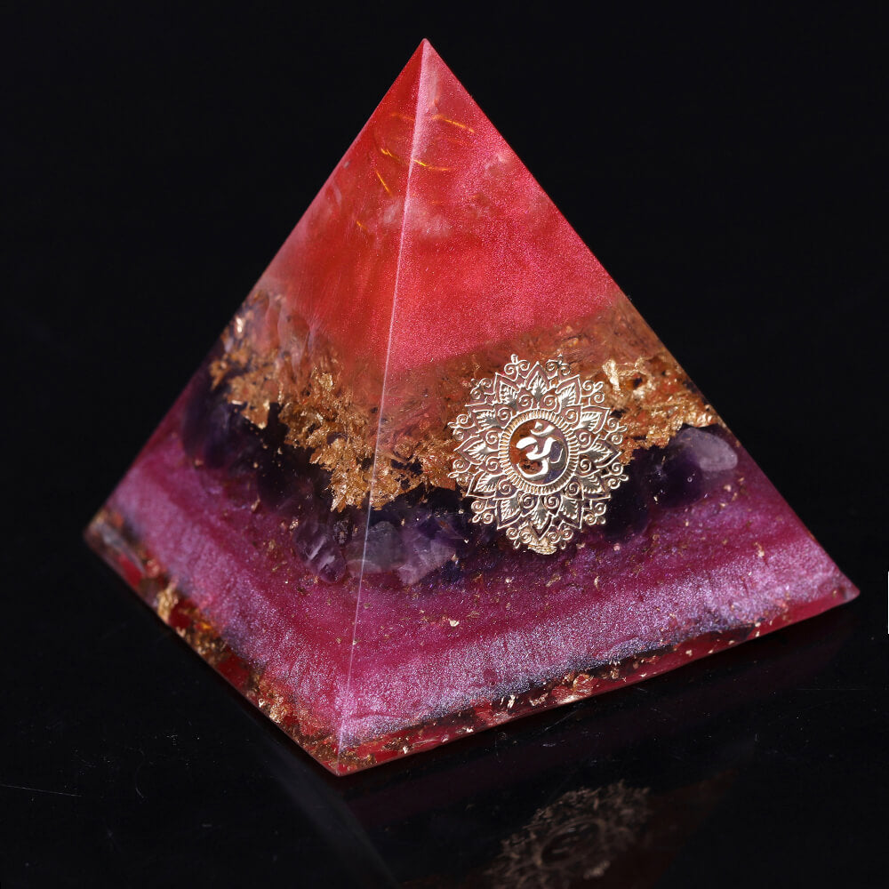 Pyramide Orgonite Cristal de Roche et Améthyste - Ouverture du Coeur