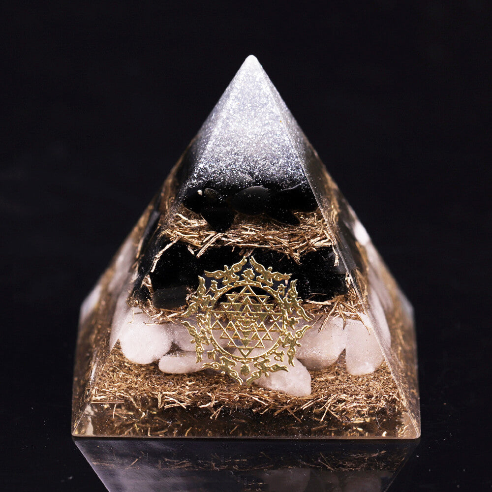 Pyramide Orgonite Obsidienne Noire et Cristal Blanc - Protection et Purification