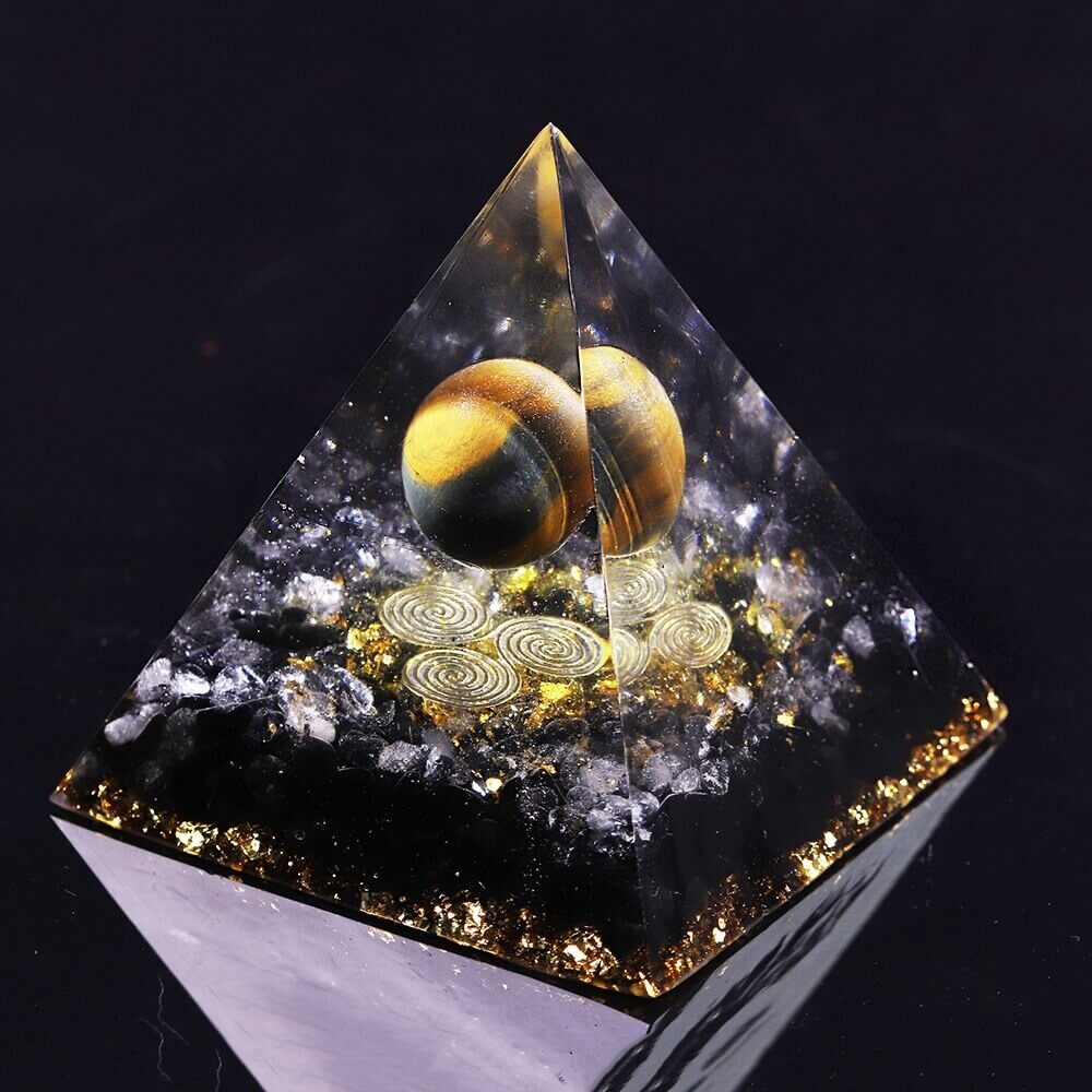 Pyramide Orgonite Obsidienne, Cristal de Roche et Oeil de Tigre - Protection de l'Univers