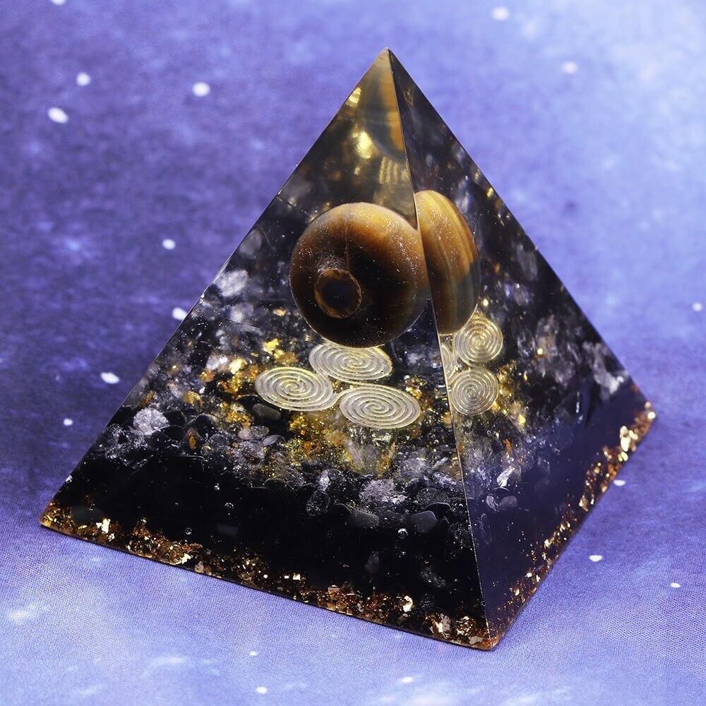 Pyramide Orgonite Obsidienne, Cristal de Roche et Oeil de Tigre - Protection de l'Univers