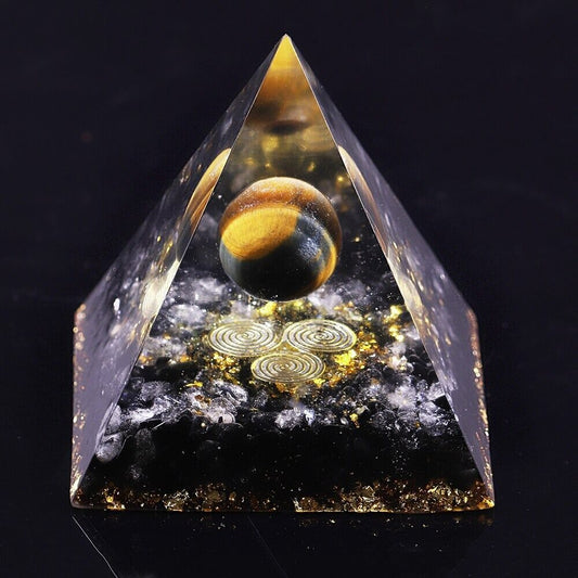 Pyramide Orgonite Obsidienne, Cristal de Roche et Oeil de Tigre - Protection de l'Univers