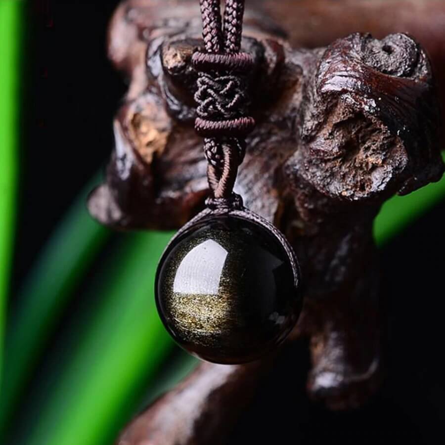 Pendentif Perle Obsidienne Dorée avec Chaîne