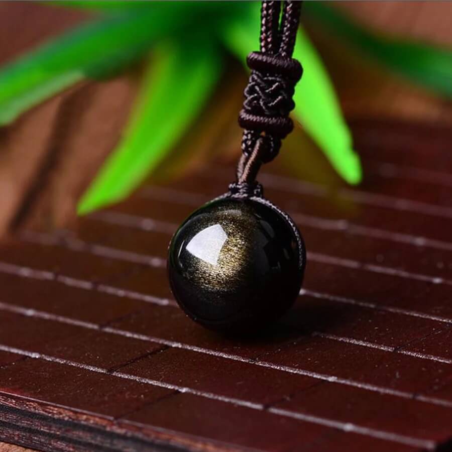 Pendentif Perle Obsidienne Dorée avec Chaîne