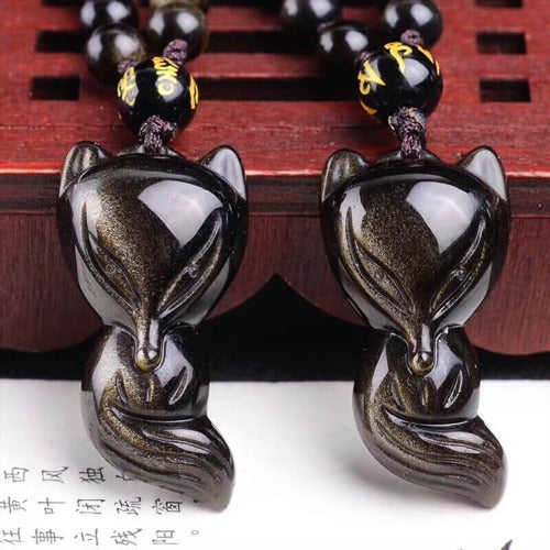 Pendentif Totem Renard en Obsidienne Dorée avec Chaîne