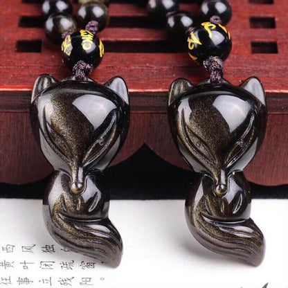 Pendentif Totem Renard en Obsidienne Dorée avec Chaîne