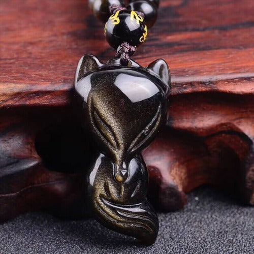 Pendentif Totem Renard en Obsidienne Dorée avec Chaîne