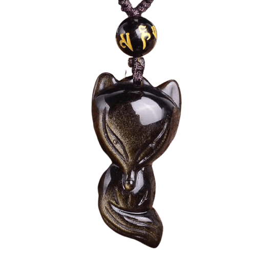 Pendentif Totem Renard en Obsidienne Dorée avec Chaîne