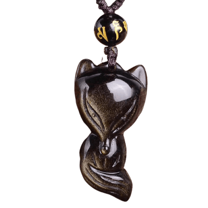 Pendentif Totem Renard en Obsidienne Dorée avec Chaîne
